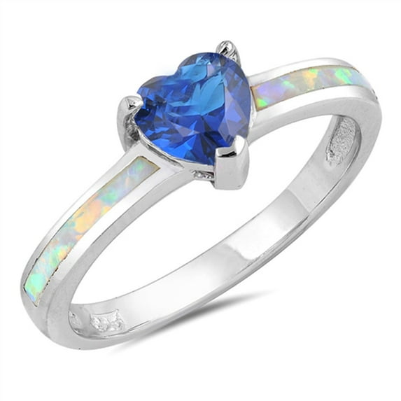 CHOOSE YOUR COLOR Sterling Silver Blue Simulated Sapphire White Simulated Opal Heart Promise Ring CZ Female Size 8