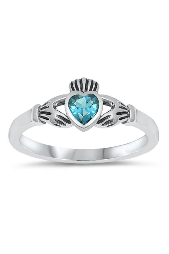 CHOOSE YOUR COLOR Sterling Silver Claddagh Ring Blue Simulated Topaz Traditional Irish Band CZ Female Size 6