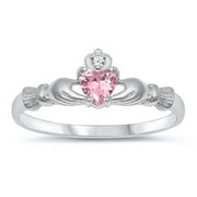 CHOOSE YOUR COLOR Sterling Silver Claddagh Ring Pink Ice Traditional Irish Knot Band CZ Female Size 6