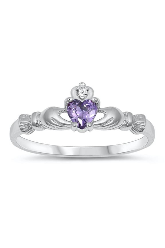 CHOOSE YOUR COLOR Sterling Silver Claddagh Ring Simulated Amethyst Traditional Irish Knot Band Purple CZ Female Size 4