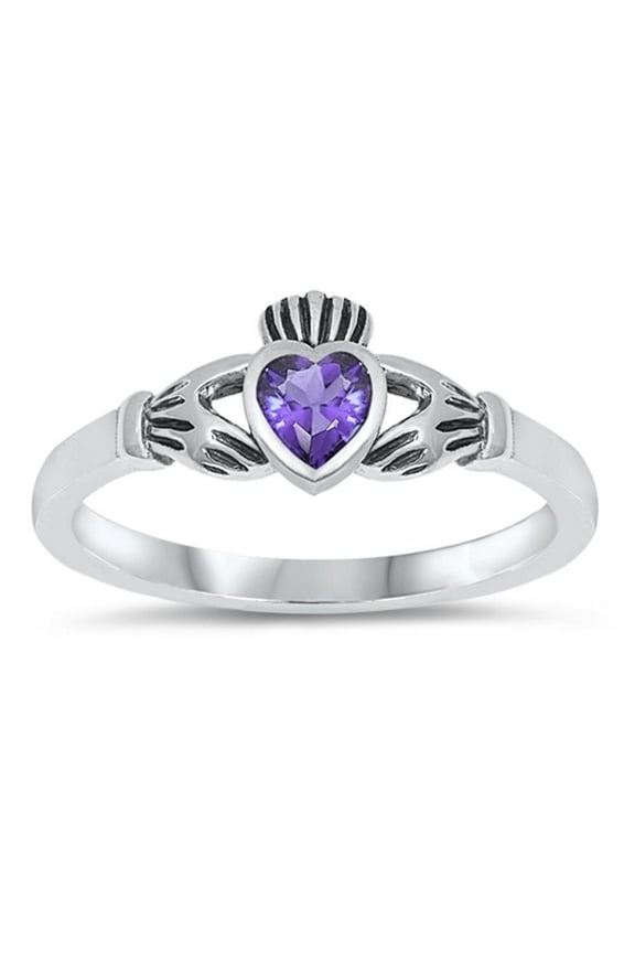CHOOSE YOUR COLOR Sterling Silver Claddagh Ring Simulated Amethyst Traditional Irish Knot Band Purple CZ Female Size 4