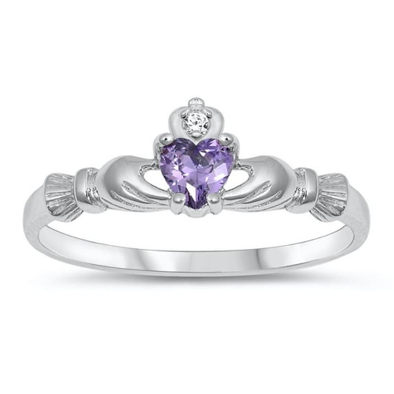 CHOOSE YOUR COLOR Sterling Silver Claddagh Ring Simulated Amethyst Traditional Irish Knot Band Purple CZ Female Size 9