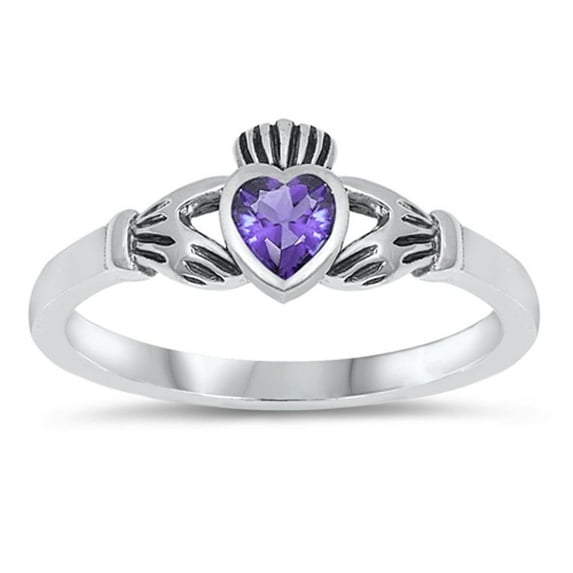 CHOOSE YOUR COLOR Sterling Silver Claddagh Ring Simulated Amethyst Traditional Irish Knot Band Purple CZ Female Size 9