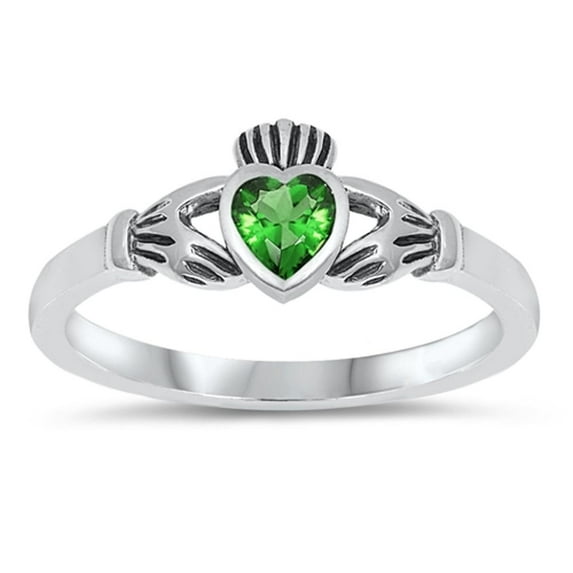 CHOOSE YOUR COLOR Sterling Silver Claddagh Ring Simulated Emerald Traditional Irish Knot Band Green CZ Female Size 1