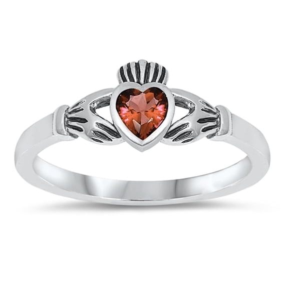 CHOOSE YOUR COLOR Sterling Silver Claddagh Ring Simulated Garnet Traditional Irish Knot Band Red CZ Female Size 4