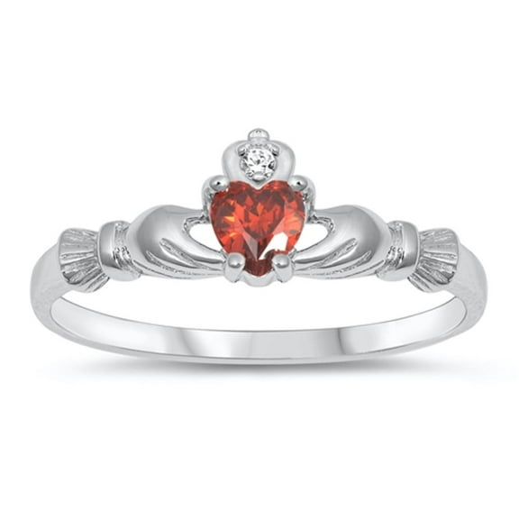 CHOOSE YOUR COLOR Sterling Silver Claddagh Ring Simulated Garnet Traditional Irish Knot Band Red CZ Female Size 6