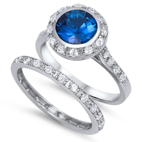 CHOOSE YOUR COLOR Sterling Silver Engagement Ring Blue Simulated Sapphire & Wedding Band 925 CZ Female Size 5