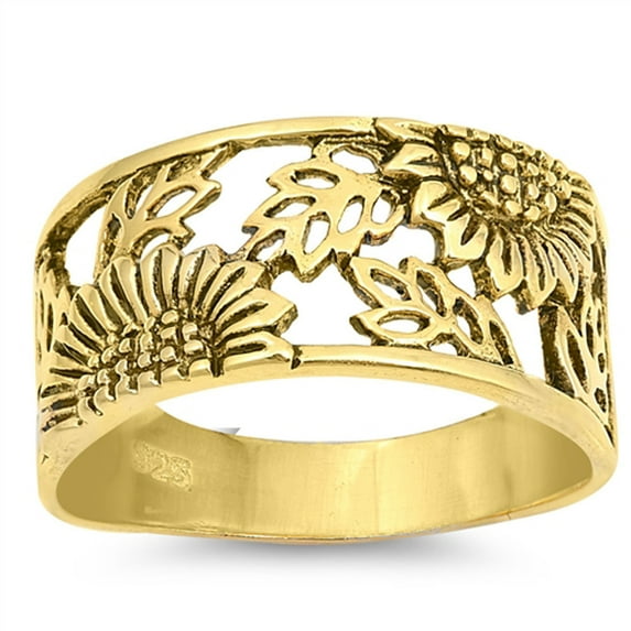 CHOOSE YOUR COLOR Sterling Silver Gold-Tone Sunflower Ring Filigree Flower Leaf Band 925 Female Size 5