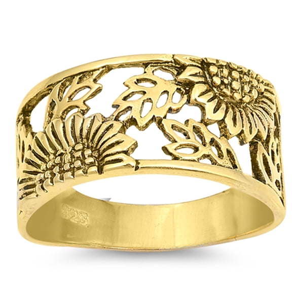 CHOOSE YOUR COLOR Sterling Silver Gold-Tone Sunflower Ring Filigree Flower Leaf Band 925 Female Size 5