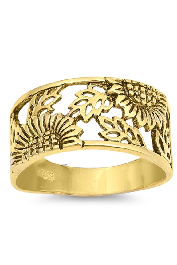 CHOOSE YOUR COLOR Sterling Silver Gold-Tone Sunflower Ring Filigree Flower Leaf Band 925 Female Size 9