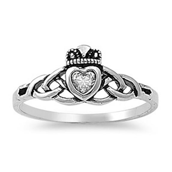 CHOOSE YOUR COLOR Sterling Silver Heart Claddagh Ring Traditional Irish Knot Band White CZ Female Size 4