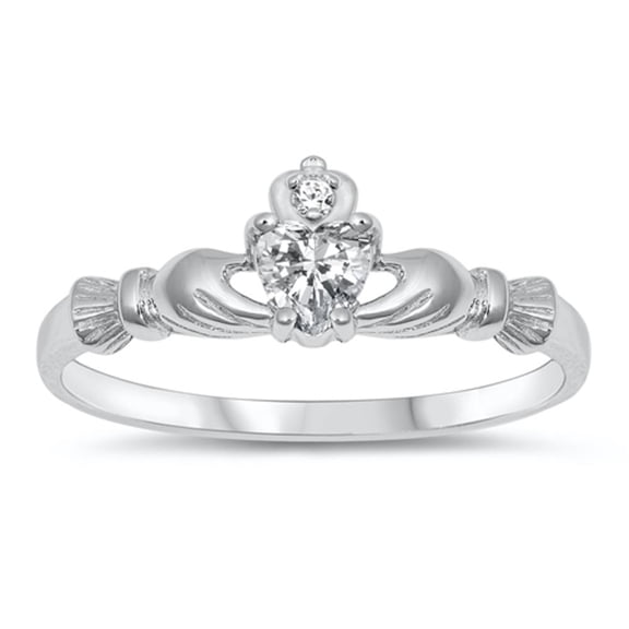CHOOSE YOUR COLOR Sterling Silver Irish Claddagh Friendship Ring Heart Solitaire White CZ Female Size 10