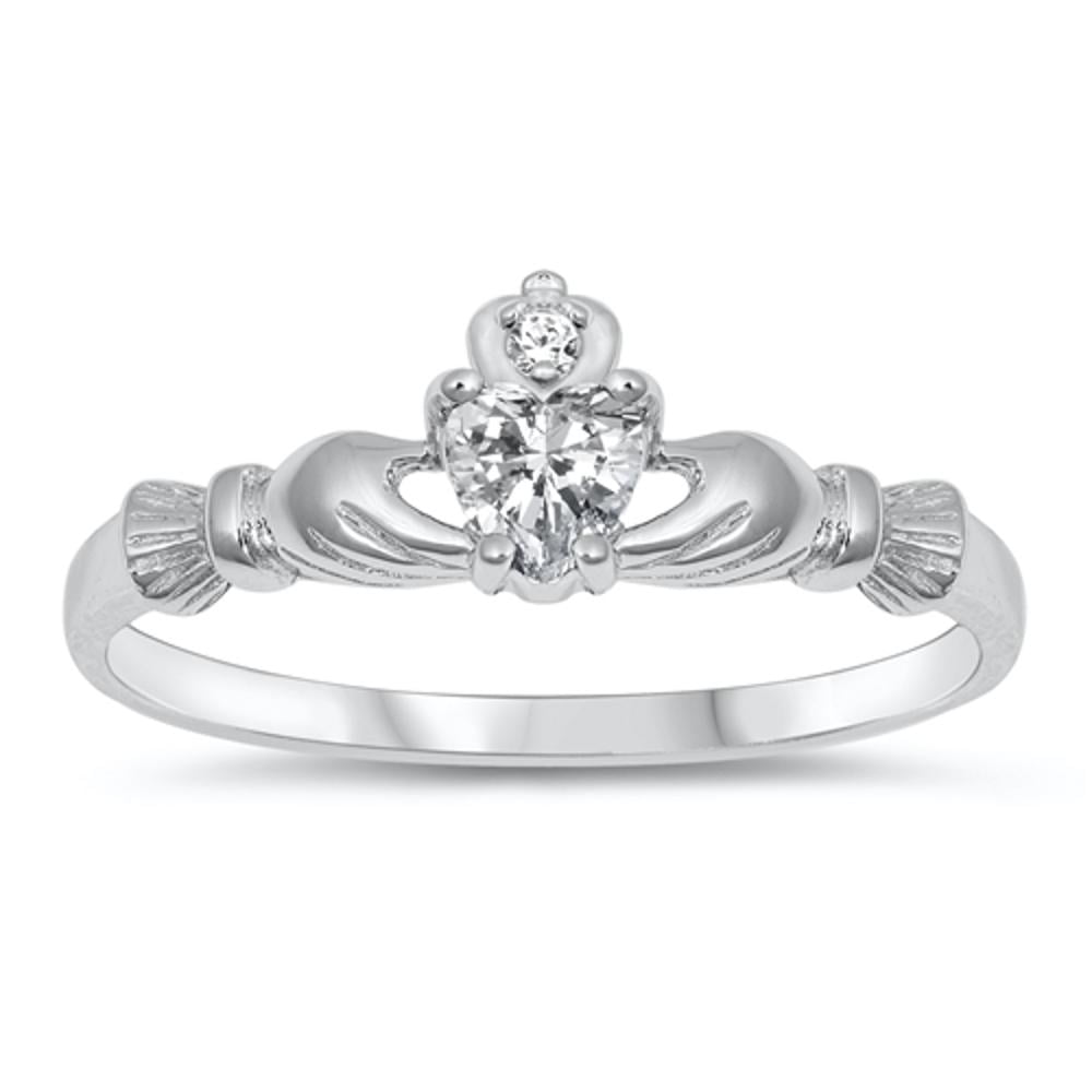 Sterling Silver Claddagh Ring With Heart-Shaped Cubic Zirconia - Irish Friendship & Love Band (Size 9)