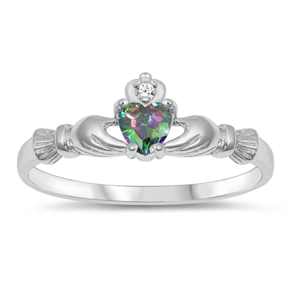 CHOOSE YOUR COLOR Sterling Silver Irish Claddagh Friendship Ring Multi-color CZ Heart Black Female Size 7