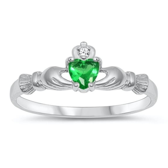 CHOOSE YOUR COLOR Sterling Silver Irish Claddagh Friendship Ring Simulated Emerald Heart Green CZ Female Size 10