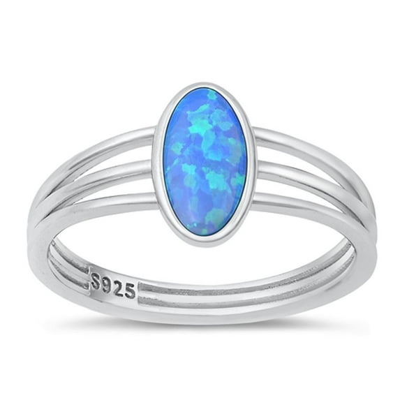 CHOOSE YOUR COLOR Sterling Silver Oval Blue Simulated Opal Ring .925 Tri Band CZ Female Size 8