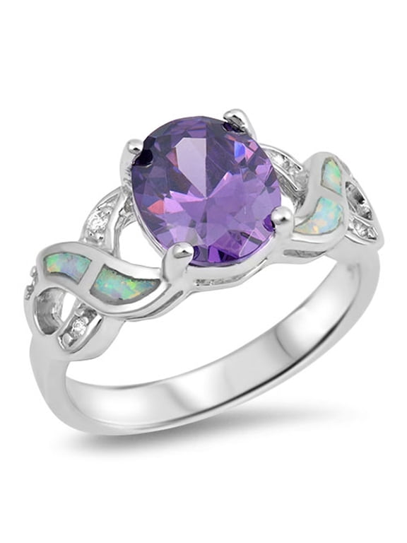 CHOOSE YOUR COLOR Sterling Silver Oval Simulated Amethyst White Simulated Opal Infinity Knot Ring Purple CZ Female Size 5
