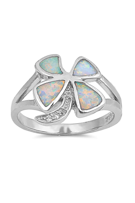CHOOSE YOUR COLOR Sterling Silver Palm Tree White Simulated Opal Four Leaf Clover Lucky Ring CZ Female Size 6
