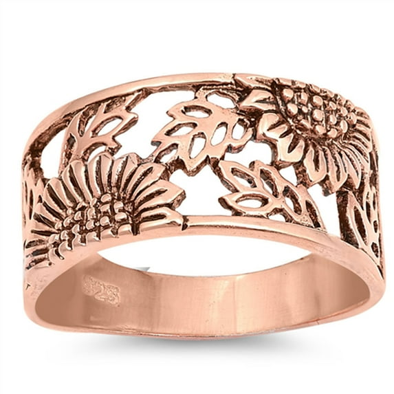 CHOOSE YOUR COLOR Sterling Silver Rose Gold-Tone Sunflower Ring Filigree Flower Band 925 Female Size 5