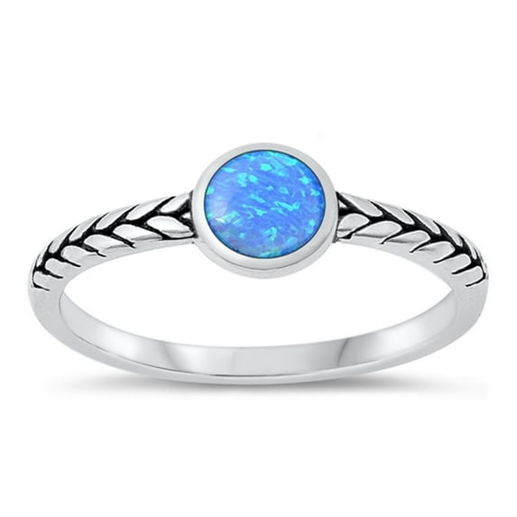 CHOOSE YOUR COLOR Sterling Silver Round Blue Simulated Opal Ring .925 Braided Band CZ Female Size 8