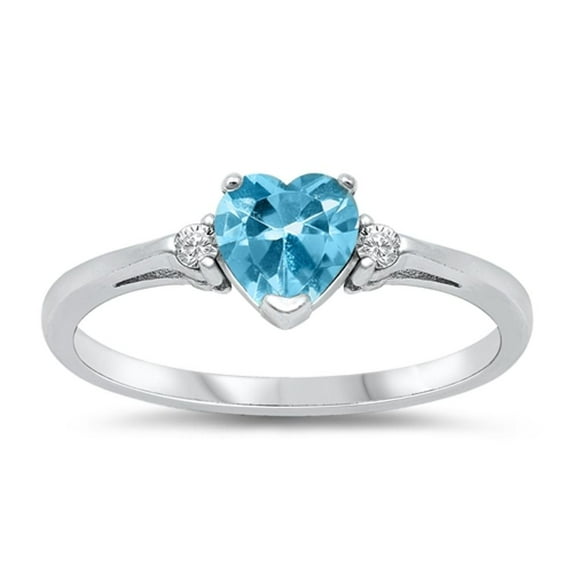 CHOOSE YOUR COLOR Sterling Silver Simulated Aquamarine Heart Ring Love Band Solid 925 Blue CZ Female Size 6