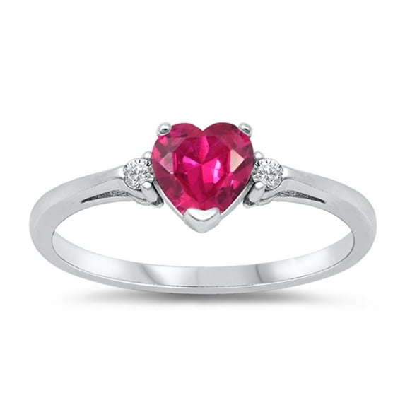 CHOOSE YOUR COLOR Sterling Silver Simulated Ruby Heart Ring Love Rhodium Finish Band Solid 925 Red CZ Female Size 3