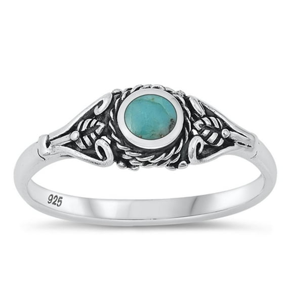 CHOOSE YOUR COLOR Sterling Silver Simulated Turquoise Leaf Ring .925 Rope Bali Band Blue CZ Female Size 6