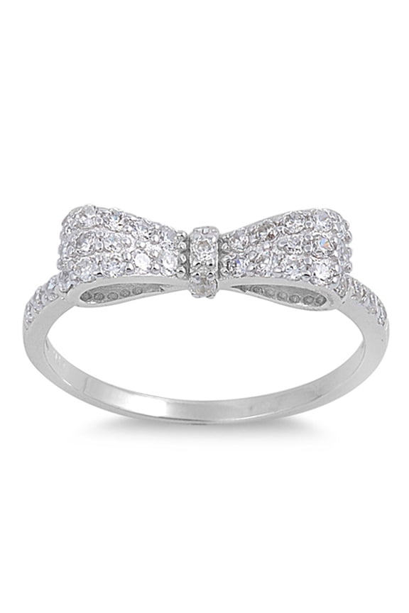 CHOOSE YOUR COLOR Sterling Silver Women's Clear CZ Bowtie Ring 925 Band 5mm White Female Size 10