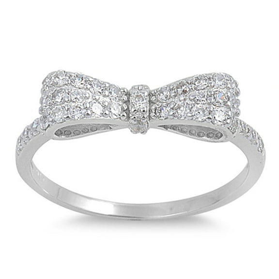 CHOOSE YOUR COLOR Sterling Silver Women's Clear CZ Bowtie Ring 925 Band 5mm White Female Size 4
