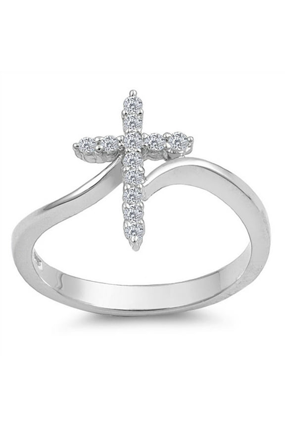 CHOOSE YOUR COLOR Sterling Silver Women's Clear CZ Cross Ring 925 Band 15mm White Female Size 11