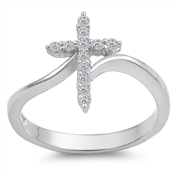 CHOOSE YOUR COLOR Sterling Silver Women's Clear CZ Cross Ring 925 Band 15mm White Female Size 4