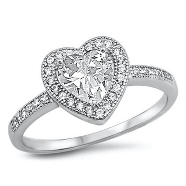 CHOOSE YOUR COLOR Sterling Silver Women's Clear Heart Ring 925 Band 10mm White CZ Female Size 6