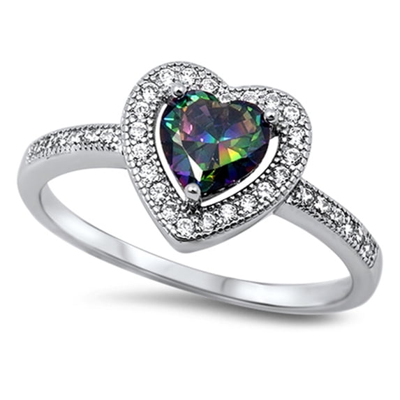 CHOOSE YOUR COLOR Sterling Silver Women's Rainbow Heart Ring 925 Band 10mm Black CZ Female Size 6