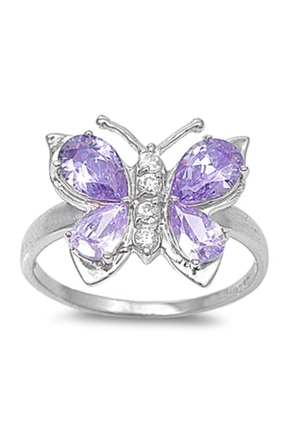 CHOOSE YOUR COLOR Sterling Silver Women's Simulated Amethyst Butterfly Ring Promise Band 7mm Purple CZ Female Size 10