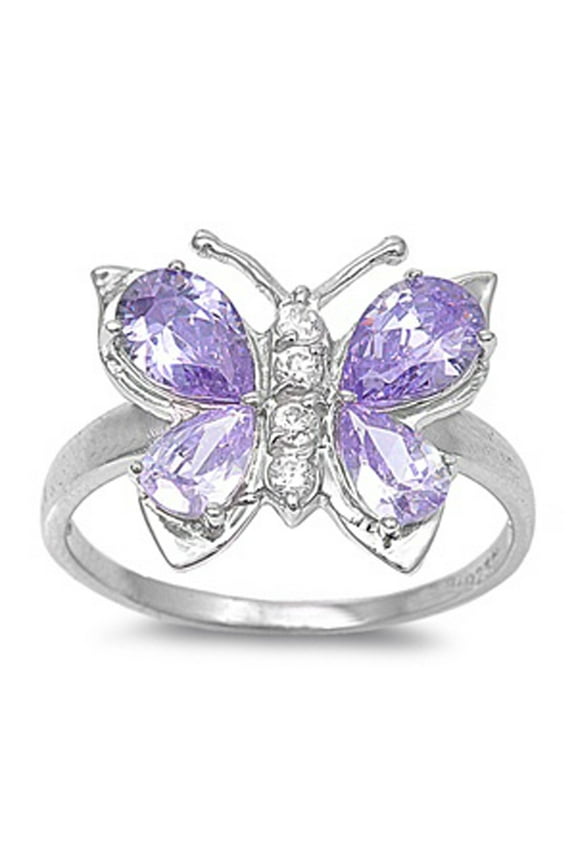CHOOSE YOUR COLOR Sterling Silver Women's Simulated Amethyst Butterfly Ring Promise Band 7mm Purple CZ Female Size 8