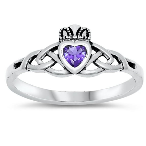 CHOOSE YOUR COLOR Sterling Silver Women's Simulated Amethyst Claddagh Ring Band 8mm Purple CZ Female Size 9