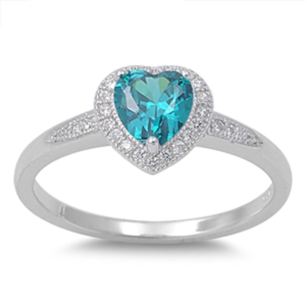 Sterling Silver Simulated Aquamarine Heart Ring - Solid 925 Silver Love Band, Size 5 - View #10