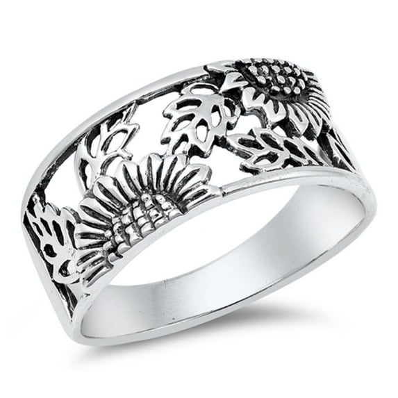 CHOOSE YOUR COLOR Sterling Silver Women's Sunflower Ring Flower 925 Wide Band 14mm Jewelry Female Size 9