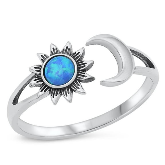 CHOOSE YOUR COLOR Sun & Moon Blue Simulated Opal Ring .925 Sterling Silver Band CZ Female Size 4