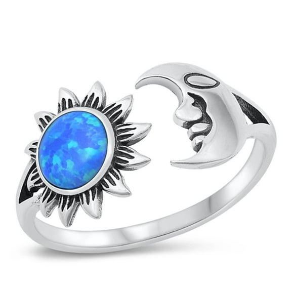 CHOOSE YOUR COLOR Sun & Moon Blue Simulated Opal Ring .925 Sterling Silver Band CZ Female Size 8