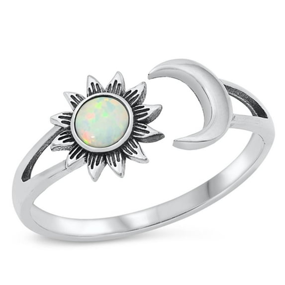 CHOOSE YOUR COLOR Sun & Moon White Simulated Opal Ring .925 Sterling Silver Band CZ Female Size 7