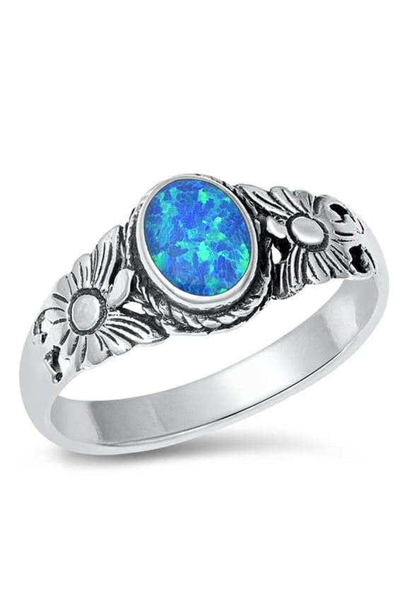 CHOOSE YOUR COLOR Sunflower Blue Simulated Opal Ring .925 Sterling Silver Band CZ Female Size 9