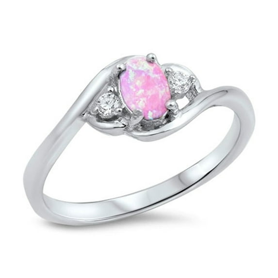 CHOOSE YOUR COLOR Swirl Oval Pink Simulated Opal Ring .925 Sterling Silver Band White CZ Female Size 9