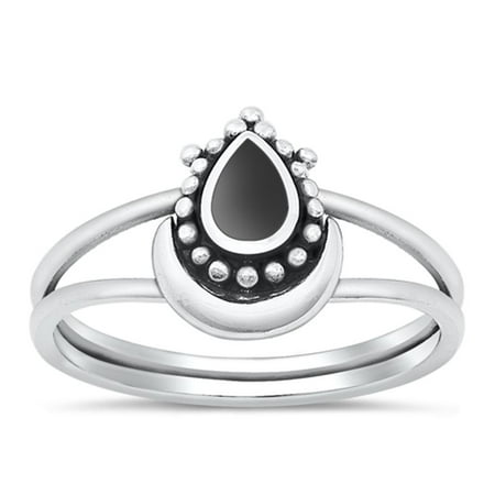 CHOOSE YOUR COLOR Teardrop Black Simulated Agate Ring .925 Chic Sterling Silver Band CZ Female Size 6
