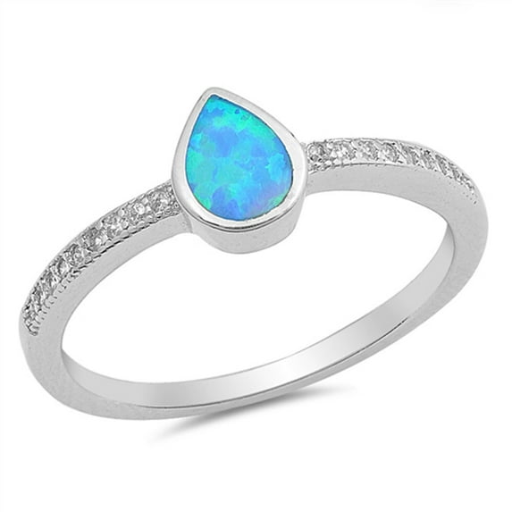 CHOOSE YOUR COLOR Teardrop Clear CZ Blue Simulated Opal Ring .925 Sterling Silver Band White Female Size 10