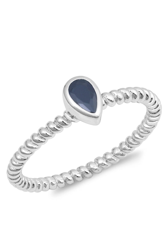 CHOOSE YOUR COLOR Teardrop Solitaire Black CZ Ring .925 Sterling Silver Rope Band Female Size 6