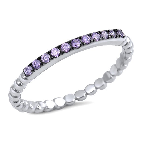 CHOOSE YOUR COLOR Thin Simulated Amethyst Promise Ring .925 Sterling Silver Ball Bead Band Purple CZ Female Size 7