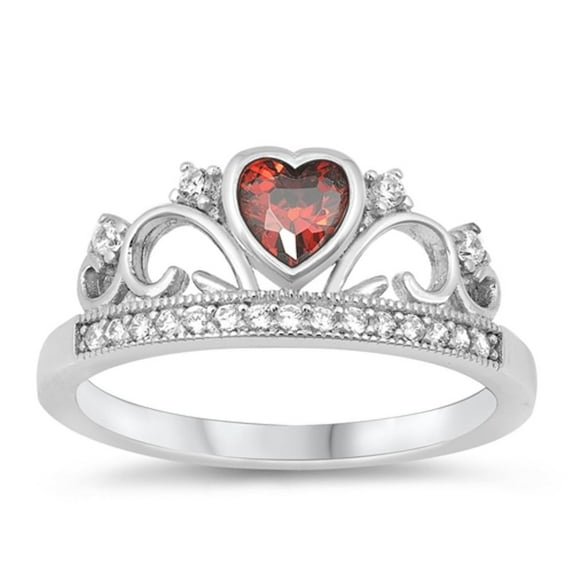CHOOSE YOUR COLOR Tiara Crown Heart Simulated Garnet Ring .925 Sterling Silver Band Red CZ Female Size 7