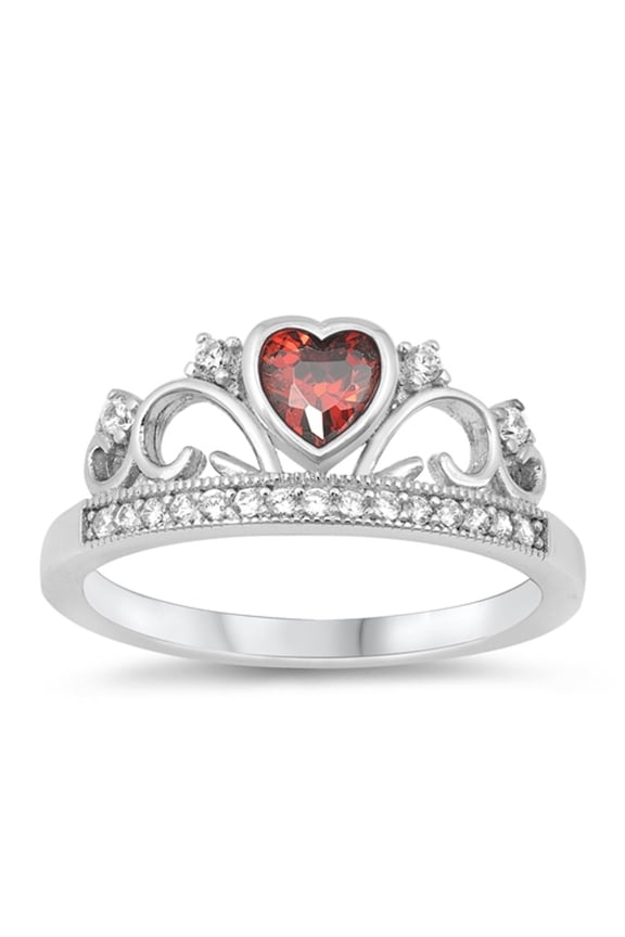 CHOOSE YOUR COLOR Tiara Crown Heart Simulated Garnet Ring .925 Sterling Silver Band Red CZ Female Size 7