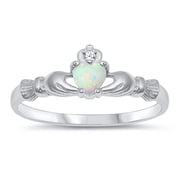 CHOOSE YOUR COLOR Traditional Claddagh White Simulated Opal Ring .925 Sterling Silver CZ Female Size 9